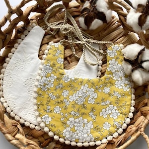 Cotton Reversible Embroidered Lace Baby Bib, Daisy Flowers Christening Baby Newborn Gift