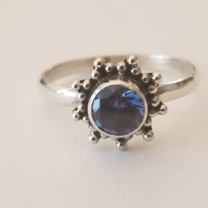 Genuine blue zircon starburst ring 925 sterling silver band December birthstone