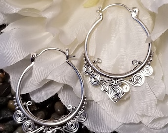 Sterling Silver 925 Spiral Filigree Hoop Earrings - Handmade Hoops 1.5” long