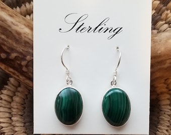 Handcrafted Green Malachite Drop Earrings Genuine Oval Gemstones 925 Sterling Silver