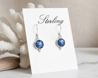 Blue Dyed Coral Earrings Sterling Silver 9mm Round Drop Handmade Jewelry