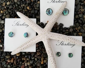 Sterling Silver Abalone Stud Earrings: Handmade Round Paua Shell 11mm, 9mm, 7mm