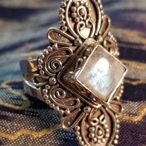 Large sterling silver 925 statement ring moonstone diamond square gemstone long filigree