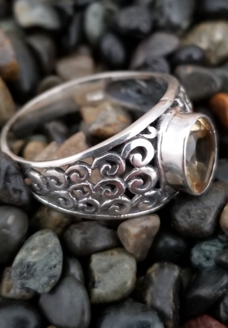 New hand crafted sterling silver 925 /& genuine oval yellow citrine gemstone ring spiral filigree statement handmade band jewelry