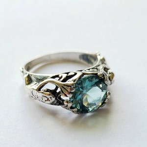 Frog ring with blue aquamarine gemstone 925 Sterling silver ornate band