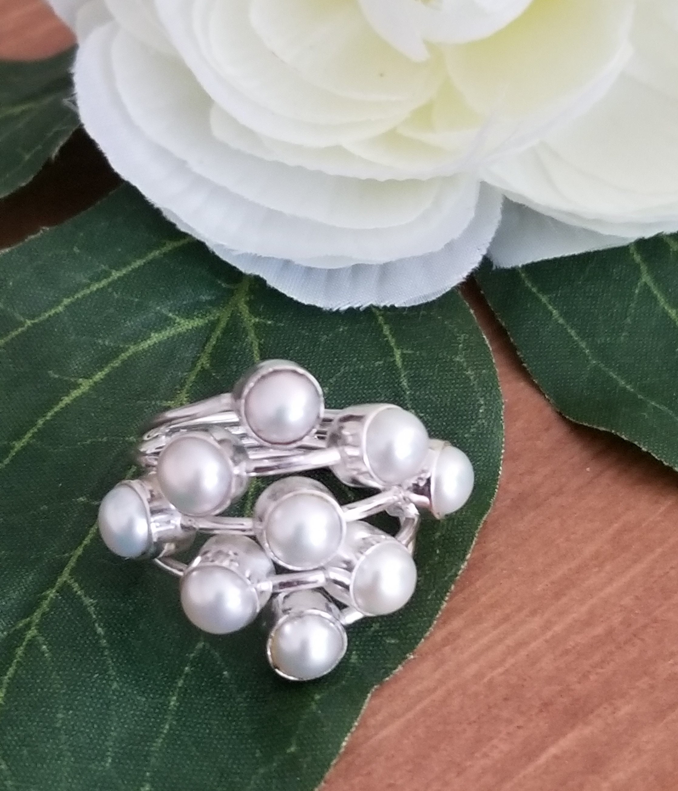 Details about New Sterling Silver 925 large statement Ring w/ 9 white freshwater pearls Details about New Sterling Silver 925 large statement Ring w/ 9 white freshwater pearls