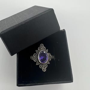 Purple Amethyst oval gemstone ring 925 sterling silver filigree diamond shape statement band