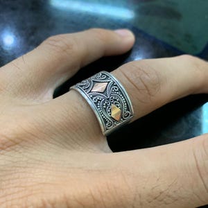 Sterling Silver filigree ring with 18k yellow gold diamond shape accents wide 925 band handmade
