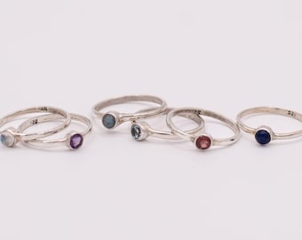 Sterling Silver Solitaire Gemstone Stacking Ring, Amethyst, Aquamarine, Garnet, Labradorite, Lapis Lazuli or Moonstone