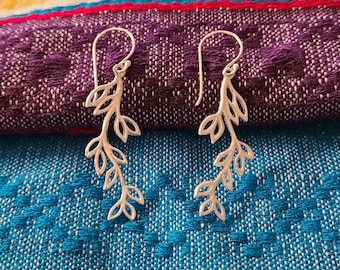 925 Sterling silver leaf branch long earrings 2” handmade