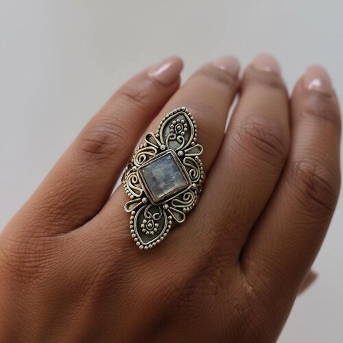 Bague en argent sterling en filigrane - Pierre de lune arc-en-ciel carrée, bijoux bohèmes
