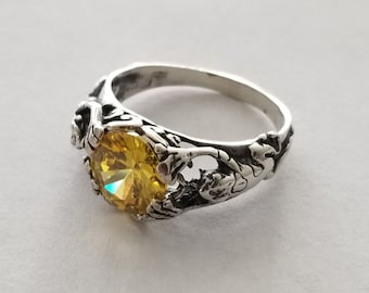 Frog ring with yellow citrine gemstone 925 Sterling silver ornate band November birthstone