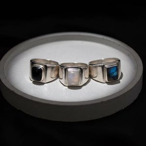 Sterling Silver 925 Modern Statement Ring – Rectangle Moonstone, Labradorite or Onyx
