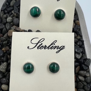 Genuine green malachite stud earrings 925 sterling silver round medium 8mm or large 10mm studs handmade