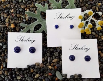 Blue Lapis Lazuli Sterling Silver Stud Earrings: Round 6MM, 8MM, 10MM
