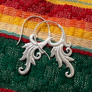 Handmade 925 sterling silver scrollwork wing like leafy spiral earrings with brushed silver finish 1 3/4&quot; long