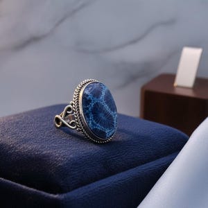 Large Oval Blue Dyed Coral 925 Sterling Silver Statement Ring Filigree Design