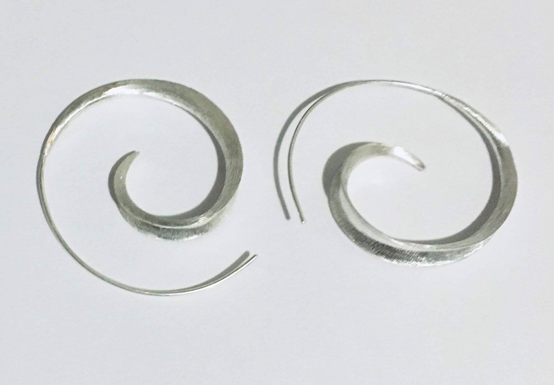 New 925 Sterling Silver Spiral Hoop Earrings Brushed Silver Etsy
