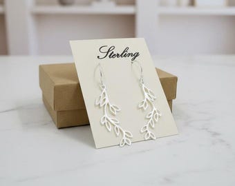 Sterling Silver 925 Leaf Branch 2” Long Dangle Earrings - brushed Silver Finish