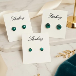 Green Malachite Stud Earrings: Sterling Silver 6mm, 8mm or 10mm Round Studs