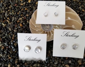 Mother of pearl 925 Sterling Silver stud earrings white MOP shell round studs large 11MM medium 9MM small 7MM