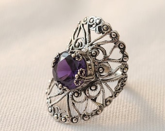 Handmade Sterling Silver Filigree Ring: Purple Amethyst CZ Gemstone