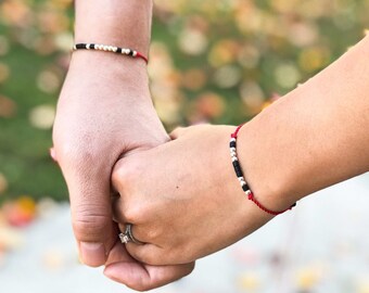 Morse Code Couple Bracelet Set: Sterling Silver & Glass Bead, Adjustable