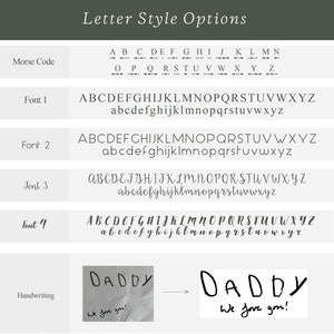 Puede incluir: Un gr&aacute;fico que muestra diferentes estilos de fuente para la palabra "Daddy" con el texto "We love you!" debajo. Los estilos de fuente incluyen c&oacute;digo Morse, Fuente 1, Fuente 2, Fuente 3, Fuente 4 y Escritura a mano.