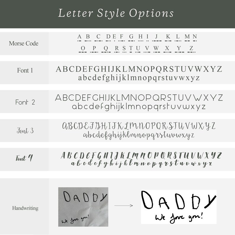Puede incluir: Un gr&aacute;fico que muestra diferentes estilos de fuente para la palabra "Daddy" con el texto "We love you!" debajo. Los estilos de fuente incluyen c&oacute;digo Morse, Fuente 1, Fuente 2, Fuente 3, Fuente 4 y Escritura a mano.