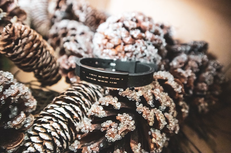 Puede incluir: Una pulsera de silicona negra con una banda plateada grabada con puntos braille. La pulsera est&aacute; apoyada sobre un lecho de pi&ntilde;as marrones.