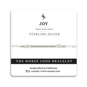 May include: Sterling silver bracelet with a bar of beads that spell out the word "JOY" in Morse code. The bracelet is handcrafted in California and is available on the website casouls.com.
