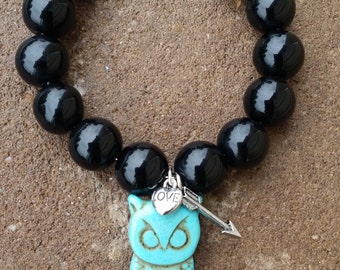 Owl and Black Bead Bracelet