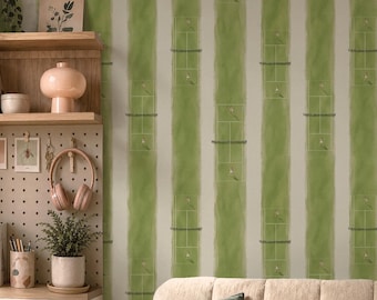 Tennis Court Wallpaper, Watercolor Stripes Wall Mural, Preppy Sport Pattern, Green and Cream Peel and Stick, Vintage Tennis Player Décor