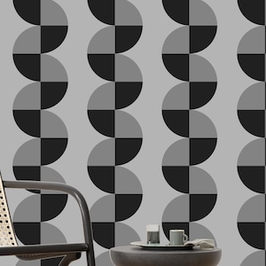 Monochrome Geometric Wallpaper, Mid Century Modern Style Peel Stick Mural, Black Grey Arches, Interlocking Arch Design Grey Tones