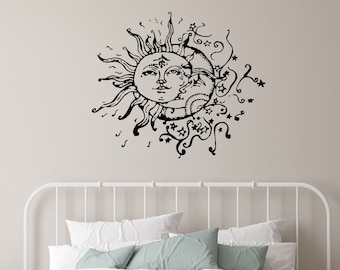 Mond Wandtattoo Vinyl Aufkleber Abziehbilder Sonne und Mond Halbmond Dual Ethno Sterne Nacht Symbol Sonnenschein Boho Boho Wohnkultur Schlafzimmer ZX2