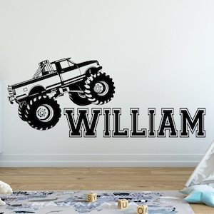 Naklejka Monster Truck Naklejka na ciężarówkę dla facetów Naklejka ścienna z nazwą ciężarówki Dekoracja pokoju dziecięcego Monster Truck Pokój dla chłopców Ciężarówka Muscle Car Sztuka ścienna ZX316
