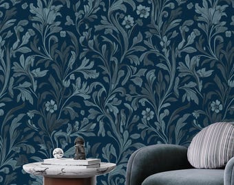 Dark Blue Botanical Wallpaper, Victorian Floral Wallpaper, William Morris Navy Dark Blue Wallpaper, Elegant Botanical Wall Art