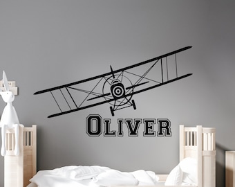 Airplane Wall Decal Name Vinyl Sticker Decals Personalized Custom Name Biplane Decor Plane Decal Room Decor Bedroom Kids Gift Nursery ZX222