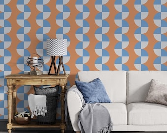 Retro Geometric Wallpaper Mural, Terracotta Blue Arch Pattern, Warm Retro Wallpaper, Blue Grey Semi Circle Terracotta, 70s Style Arches