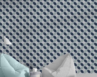 Blue Geometric Wallpaper Mural, Retro Pattern Navy Dusty Blue, Two Tone Blue Shapes on Grey, Retro Modern Accent Wallpaper