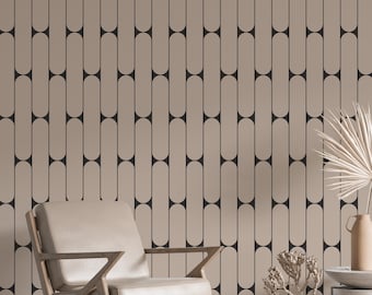 Geometric Wallpaper Beige & Black, Retro Minimalist Peel and Stick Wall Mural for Living Room, Bedroom, Office, Home Decor