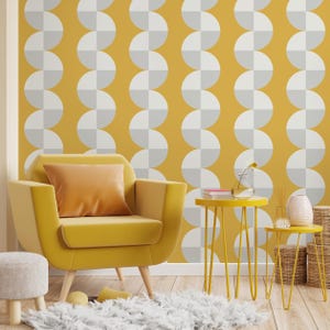 Wallpaper Mid Century Modern, Yellow Geometric Peel Stick Mural, Grey White Arches, Retro Wallpaper Mural, Mustard Yellow Arch Pattern