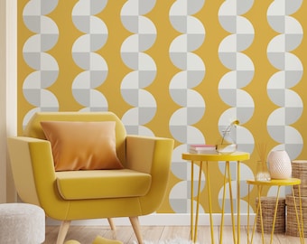 Wallpaper Mid Century Modern, Yellow Geometric Peel Stick Mural, Grey White Arches, Retro Wallpaper Mural, Mustard Yellow Arch Pattern