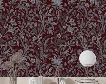 Dark Red Damask Floral Wallpaper, Moody Black and White Botanical Print, Vintage William Morris Style Peel and Stick