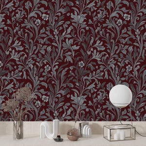 Wallpaper Dark Red Floral, Gothic Victorian Botanical Wall Mural, Elegant Burgundy & Silver Botanical, Dark Red Gothic Floral Wallpaper