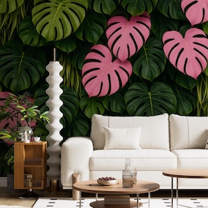 Wall Mural Pink & Green Leaves, Tropical Monstera Leaf Wallpaper Mural, Peel and Stick Botanical Wall Covering, Bold Botanical Jungle Design