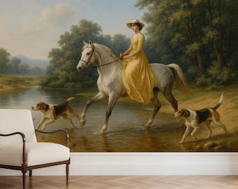 Equestrian Wall Mural, Woman Riding Horse Painting Wallpaper, Countryside Oil Painting Wall Décor, Peel and Stick Accent Wall