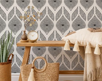 Abstract Geometric Eye Wallpaper, Bohemian Modern Pattern, Black and White Minimalist Wall Mural, Peel and Stick Traditional Wallpaper