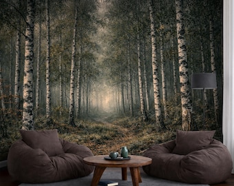 Birch Tree Forest Wall Mural, Misty Woodland Wallpaper, Dark Nature Landscape Wall Art, Peel and Stick or Non-Woven, Enchanted Woods Décor