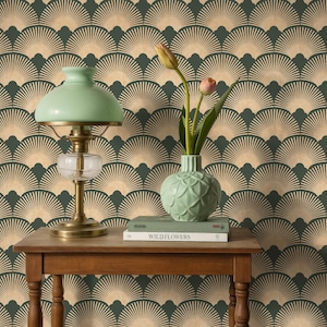 Art Deco Forest Green Fan Wallpaper - Mid-Century Modern Peel and Stick